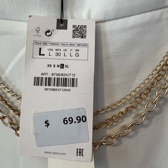 NWT ZARA NEW Ecru Womens Pants with Gold Chain Trousers Sz L - Picture 7 of 13